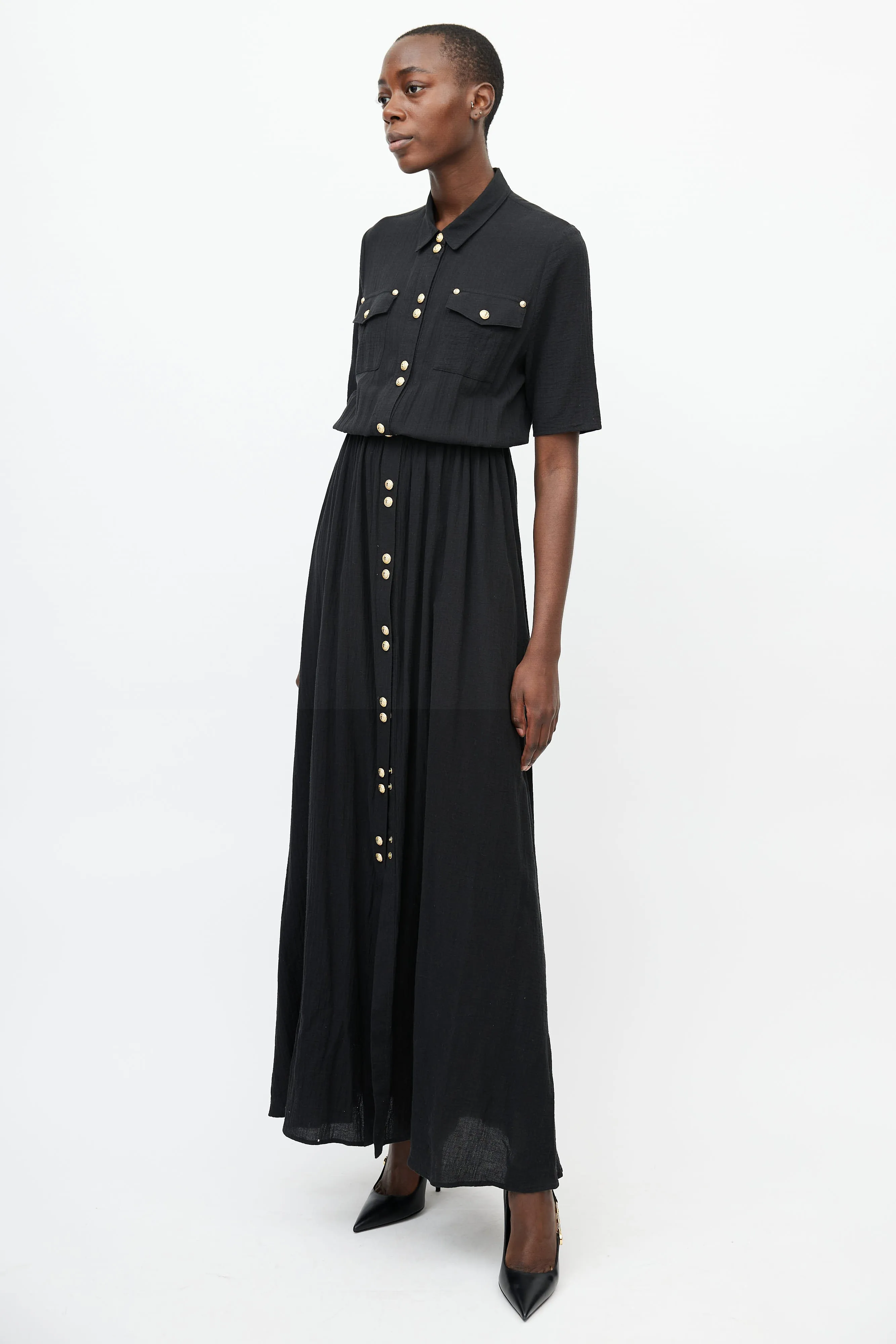 Black & Gold Long Button Front Dress