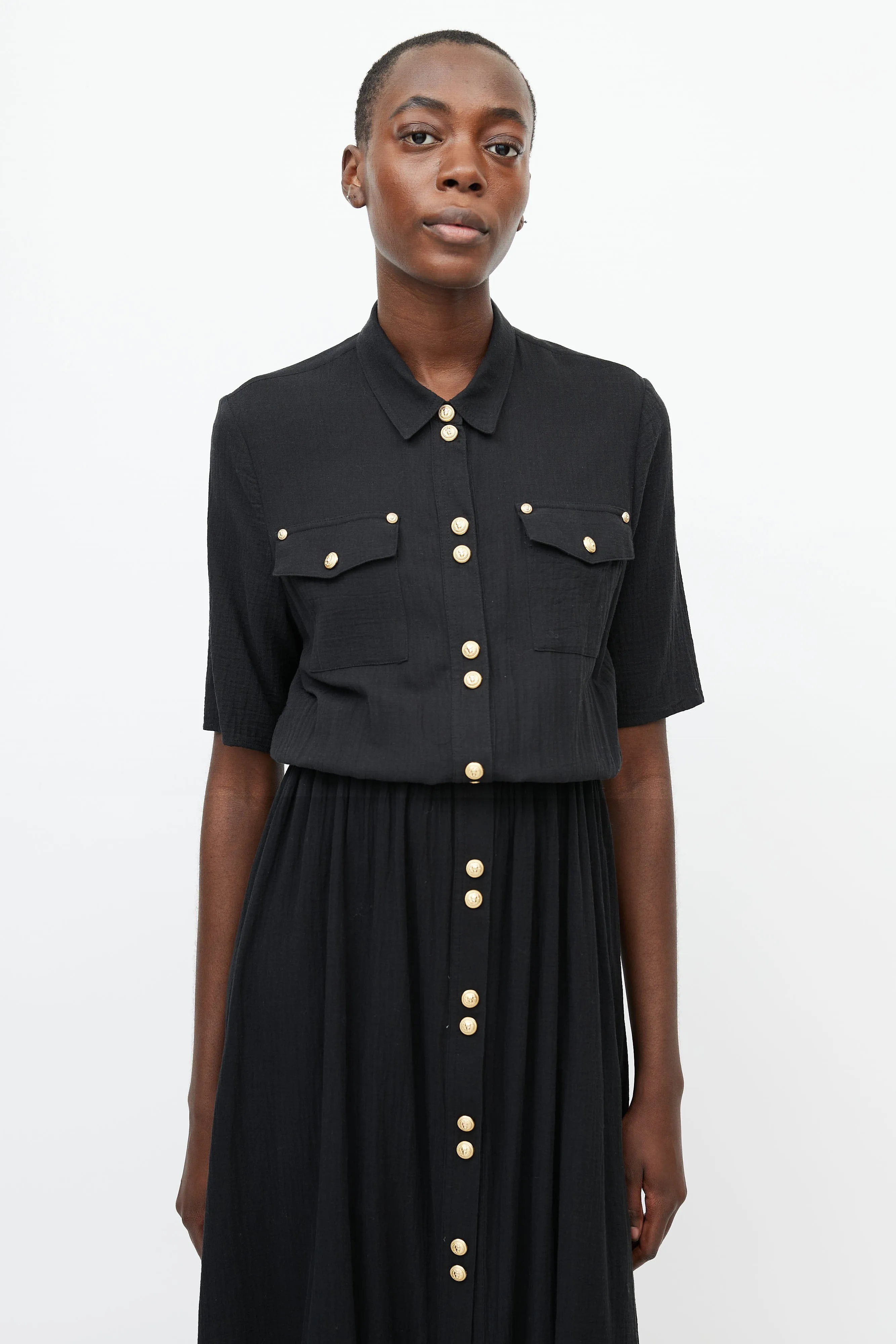 Black & Gold Long Button Front Dress
