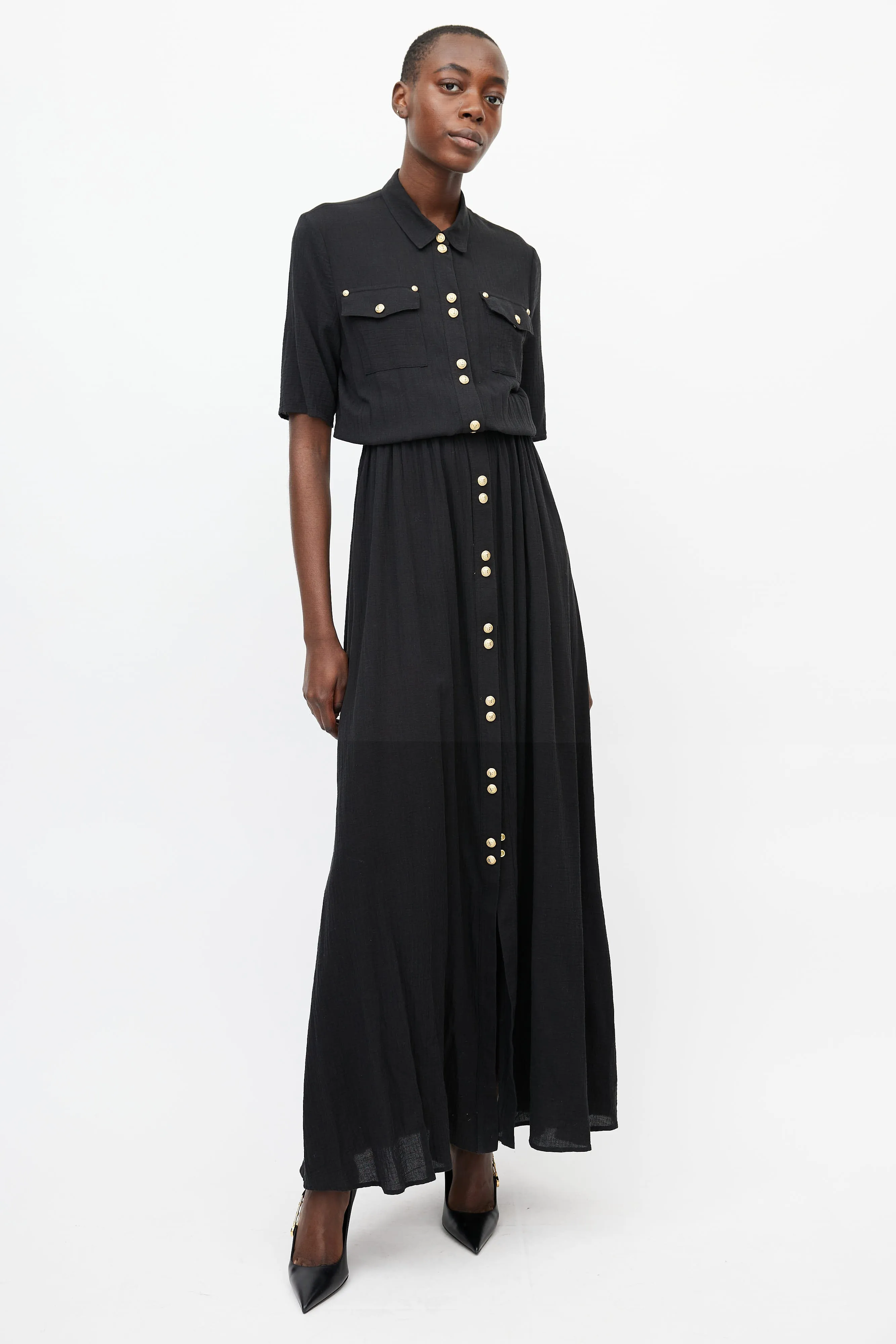 Black & Gold Long Button Front Dress