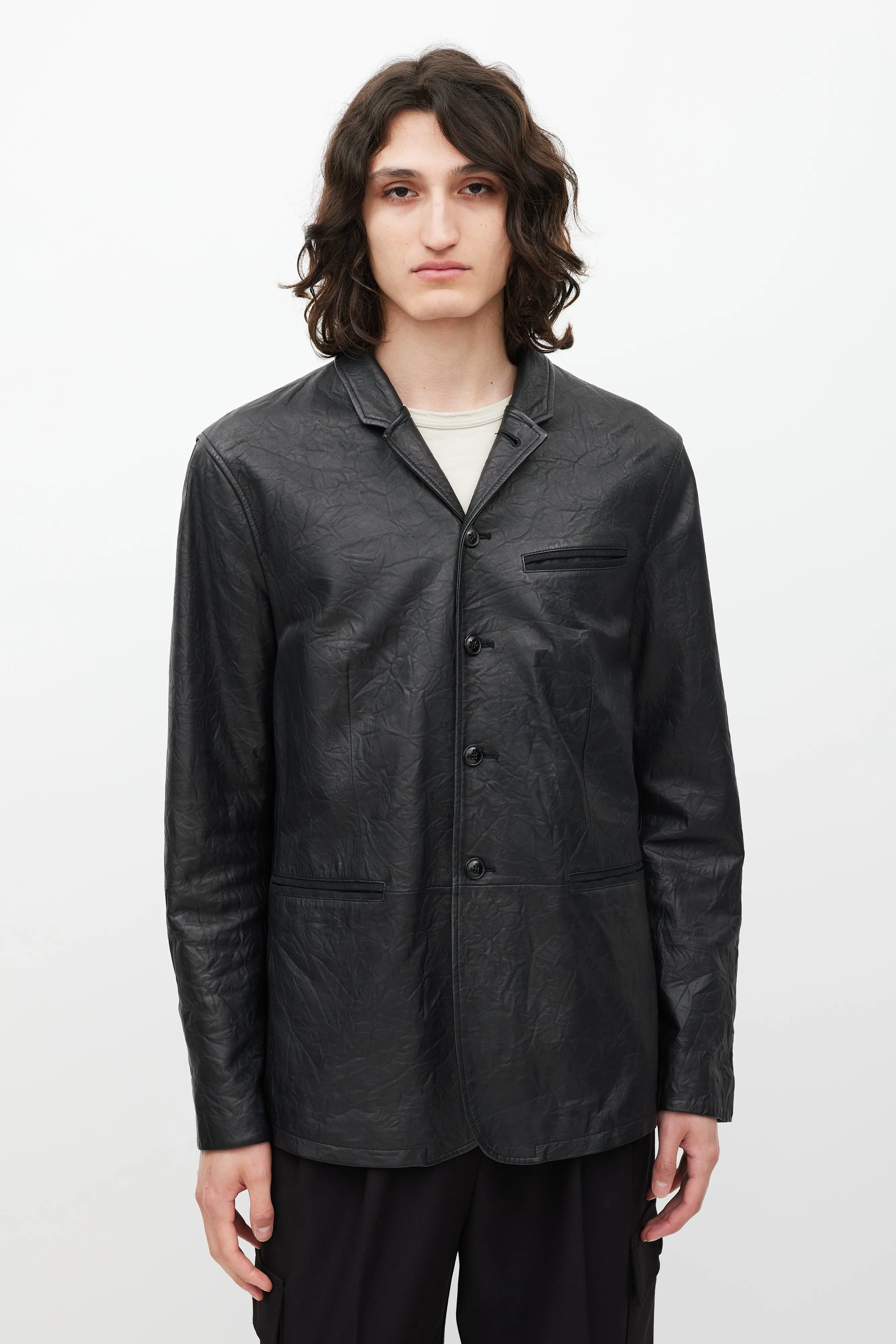 Black Leather Button Front Jacket
