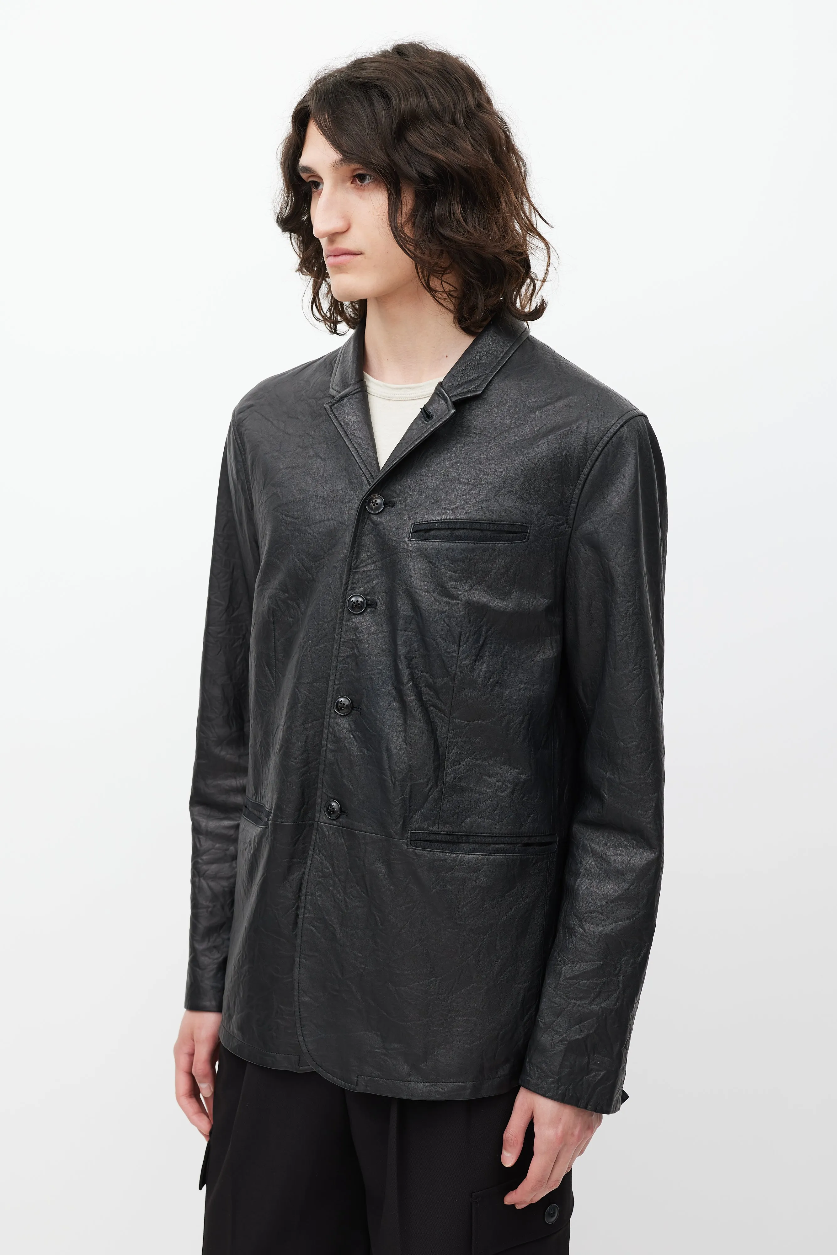Black Leather Button Front Jacket