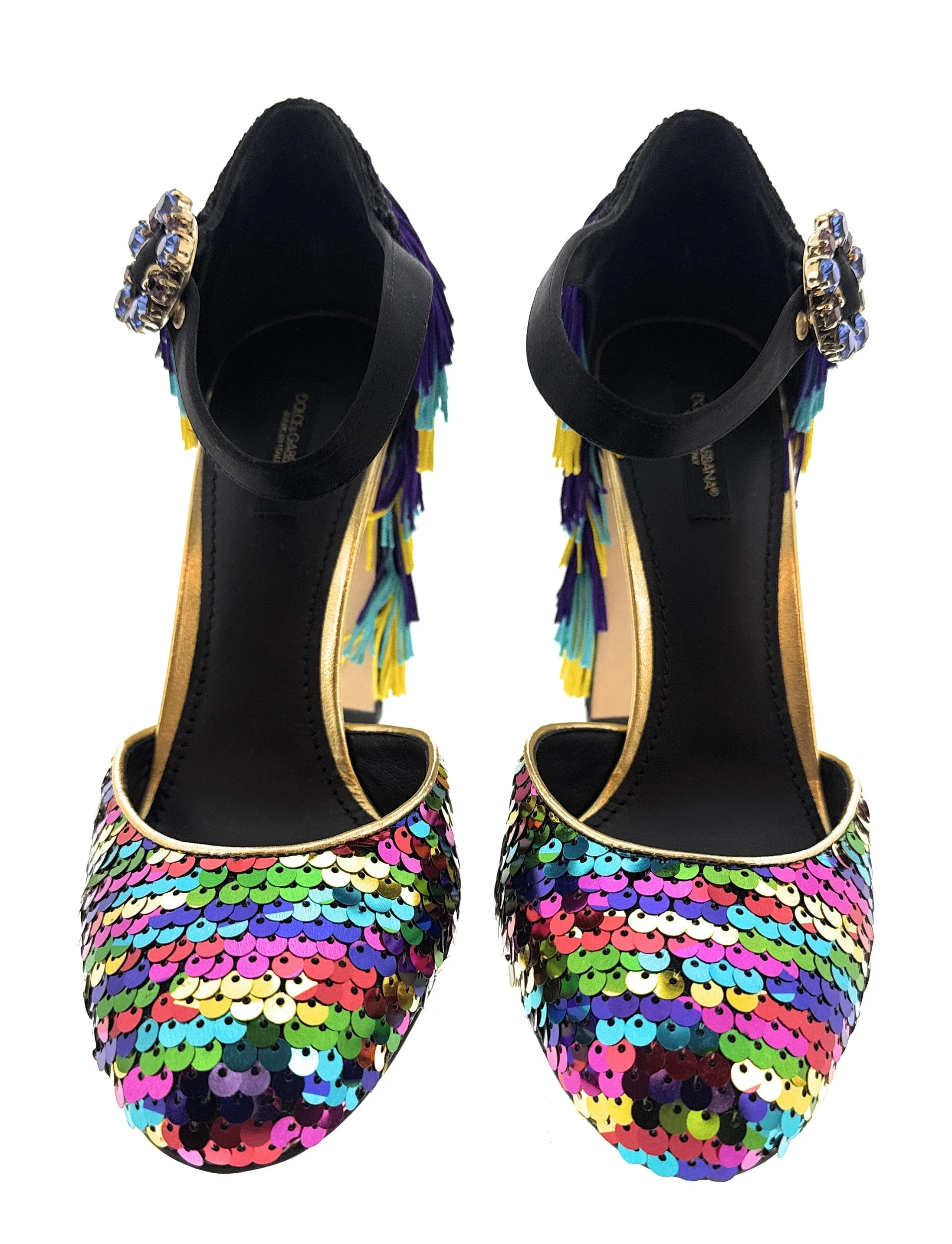 Dolce & Gabbana Multicolor Gold Rainbow SequinFringe Block Heels-EU39