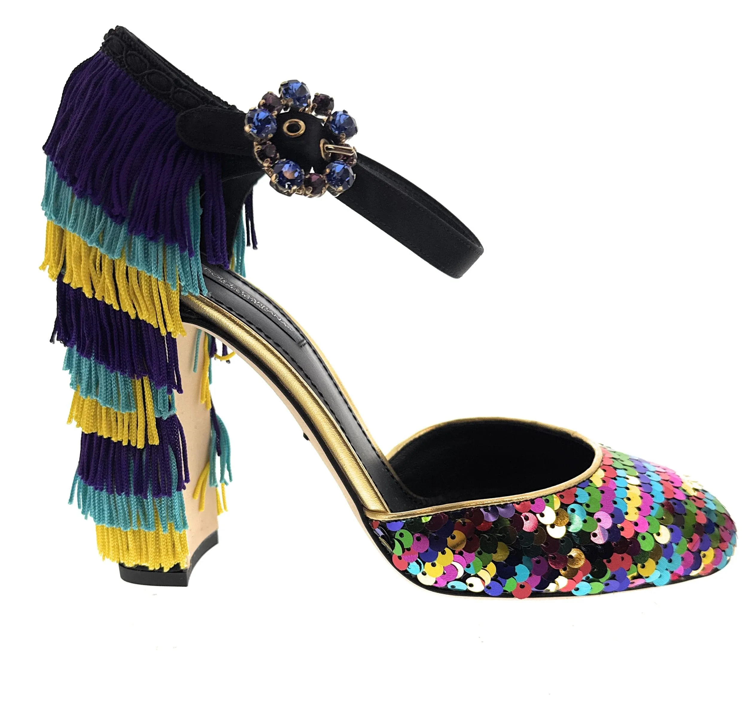 Dolce & Gabbana Multicolor Gold Rainbow SequinFringe Block Heels-EU39