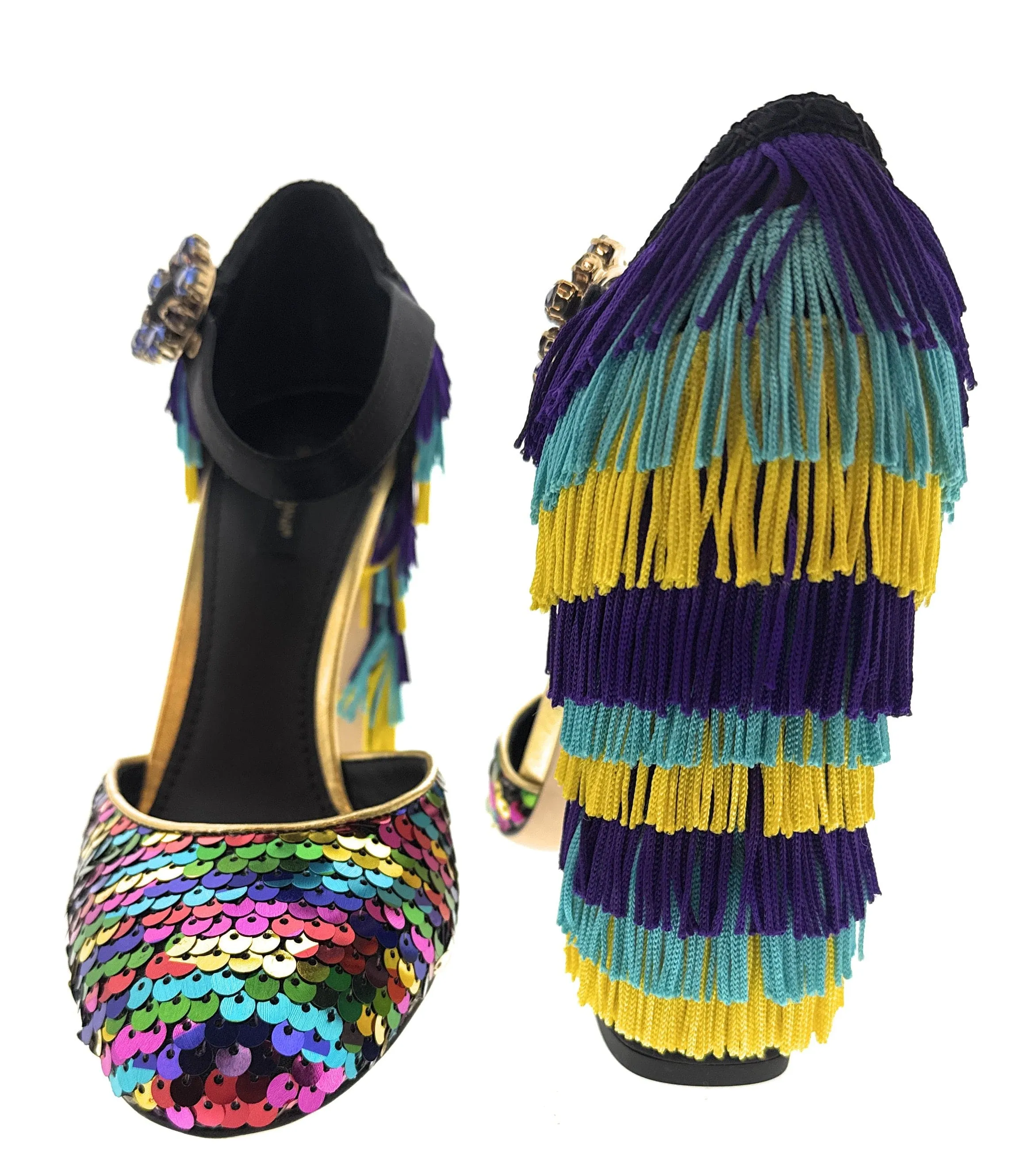 Dolce & Gabbana Multicolor Gold Rainbow SequinFringe Block Heels-EU39