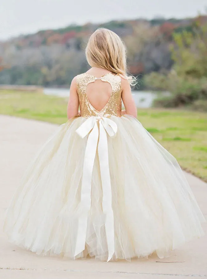 Golden Flower Girl Dresses,Sequined Flower Girl Dress,Ball Gown Tulle Flower Girl Dress,FD00002