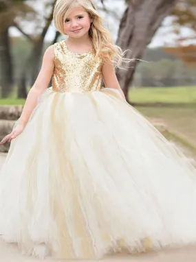 Golden Flower Girl Dresses,Sequined Flower Girl Dress,Ball Gown Tulle Flower Girl Dress,FD00002