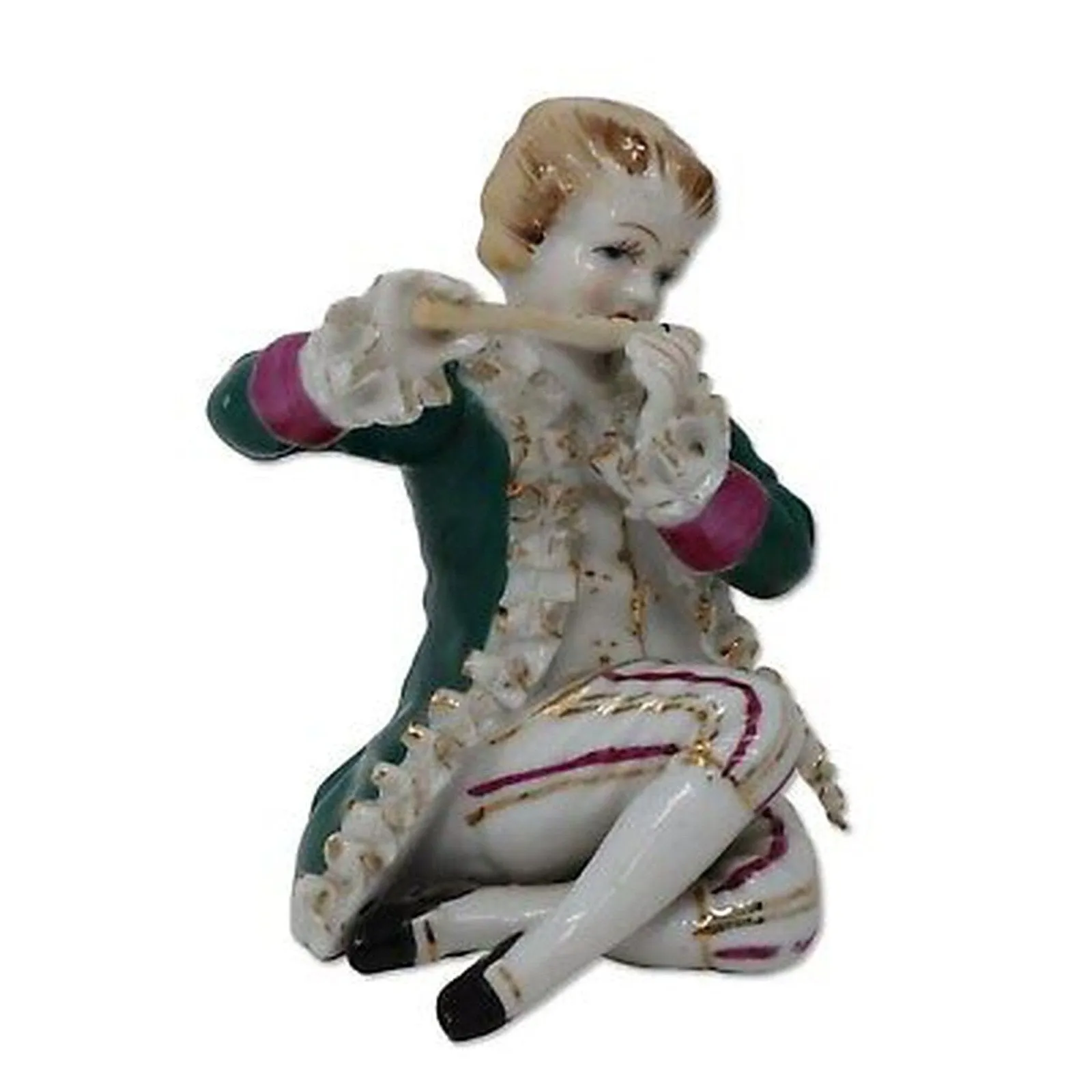 Porcelain 4" Figurine of Boy Playing Flute in Green Jacket Gold Accents Antique