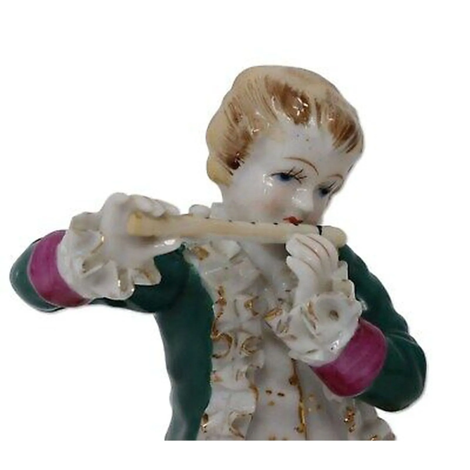 Porcelain 4" Figurine of Boy Playing Flute in Green Jacket Gold Accents Antique