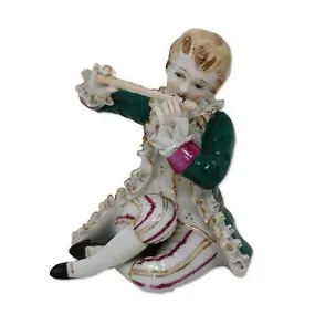 Porcelain 4" Figurine of Boy Playing Flute in Green Jacket Gold Accents Antique