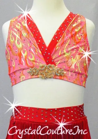 Red & Hot Pink 2 Pc Top and Booty Shorts/Fringe Skirt - Rhinestones - Swarovski Rhinestones