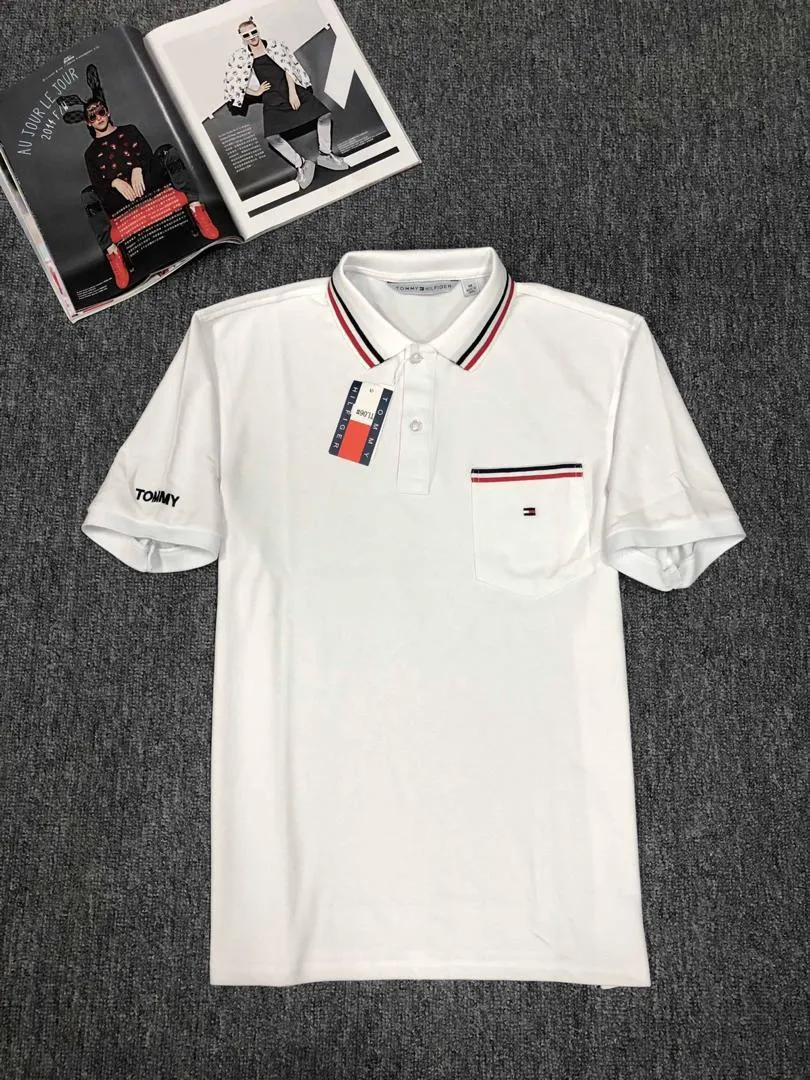 Tommy Hilfiger Custom Fit Crested Design Plain White with Striped Collar