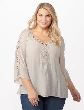 V-Neck Slub Crochet Woven Top