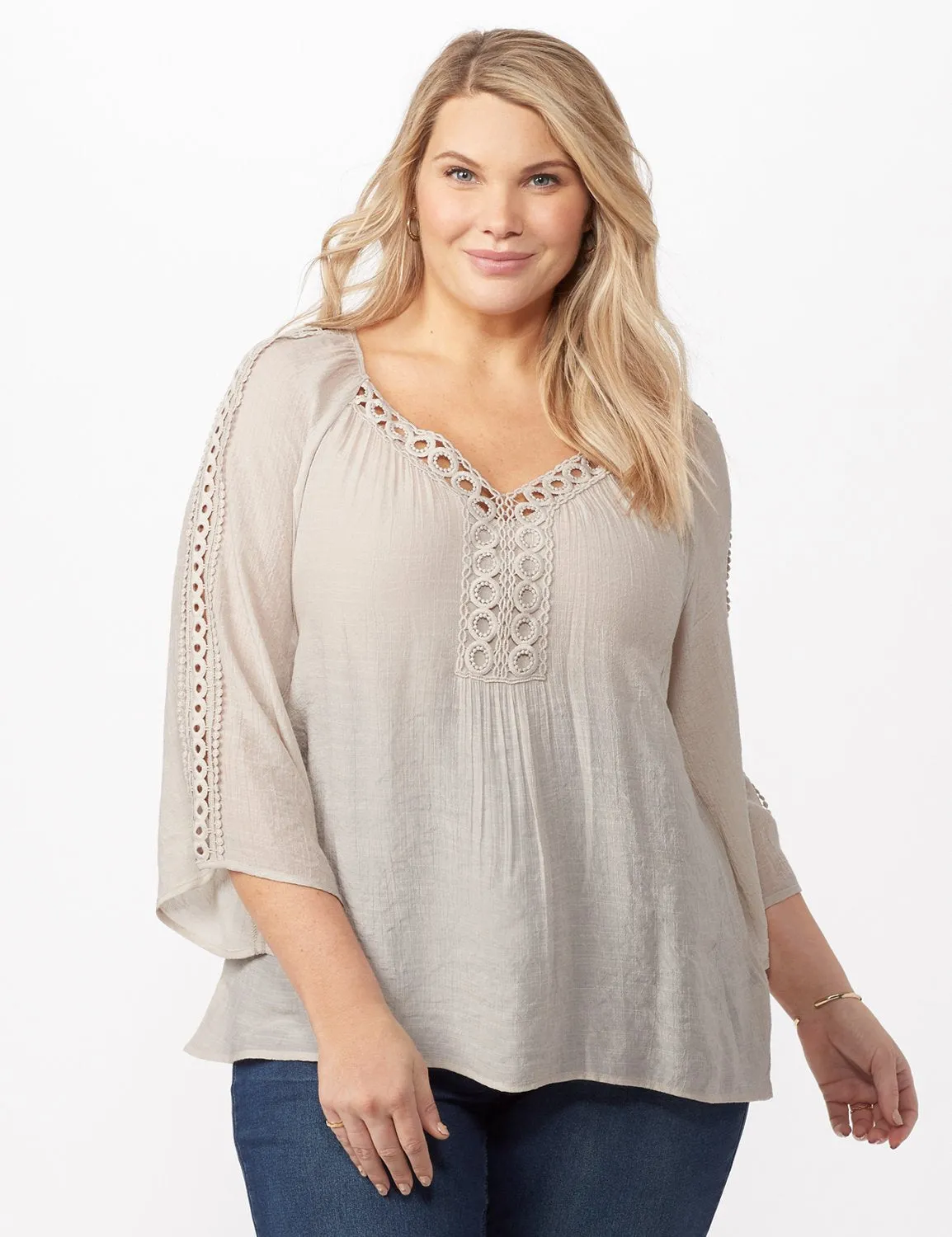 V-Neck Slub Crochet Woven Top