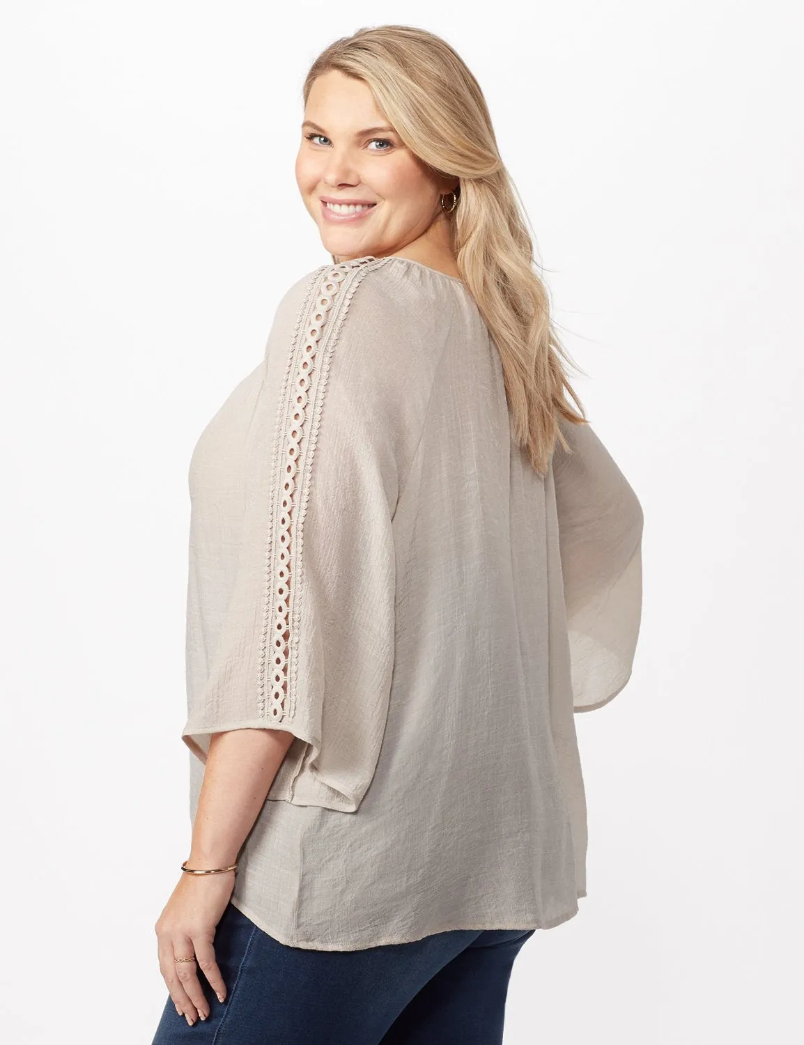 V-Neck Slub Crochet Woven Top
